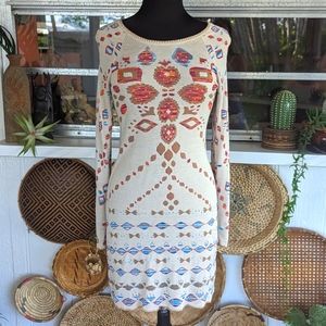 Gypsy 05 Global Village M Aztec Sweater Dress Bohemian Knit Hippie Tan Colorful
